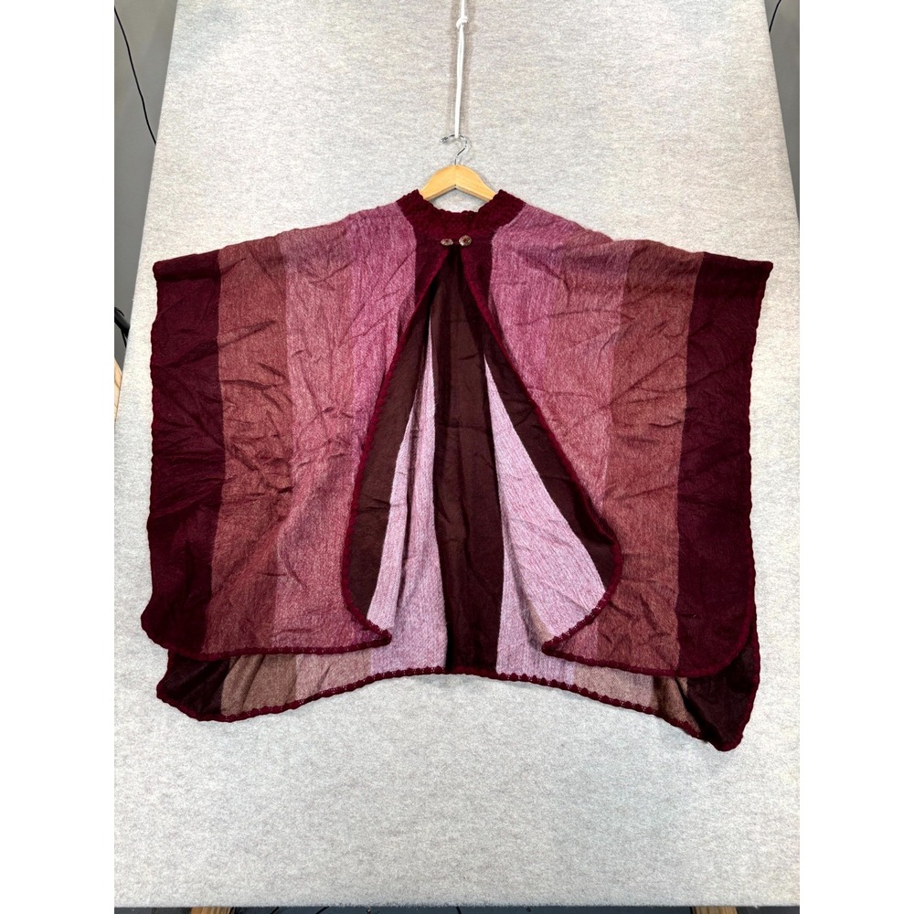 Womens Poncho Cape Maroon Burgundy Knitted Open Front Shawl Button Detail